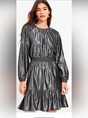 LOFT Metallic Silver Long-Sleeve Pleated Waist Dress